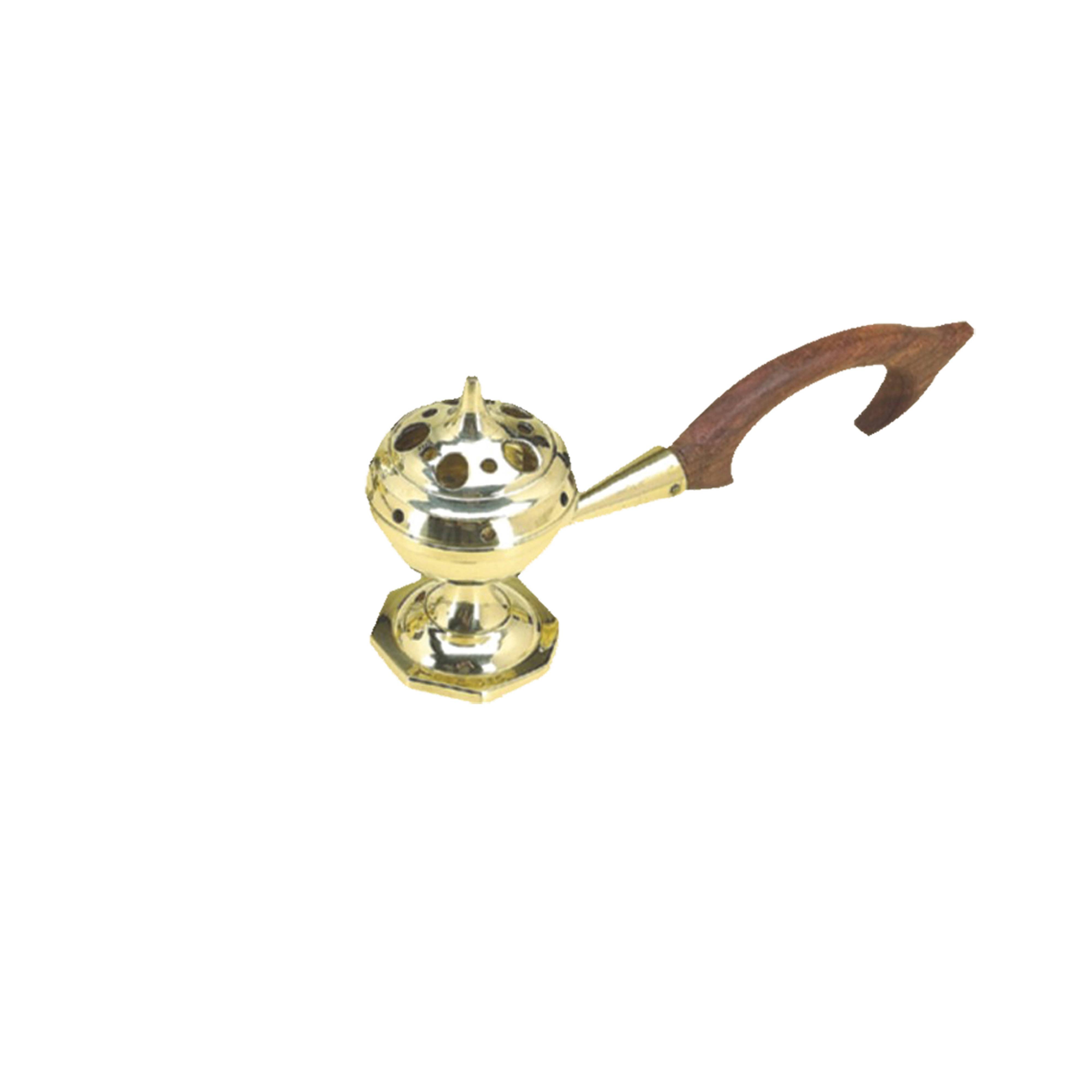 Small Brass Incense Burner w/ Lid + Wooden Handle (5 in.)