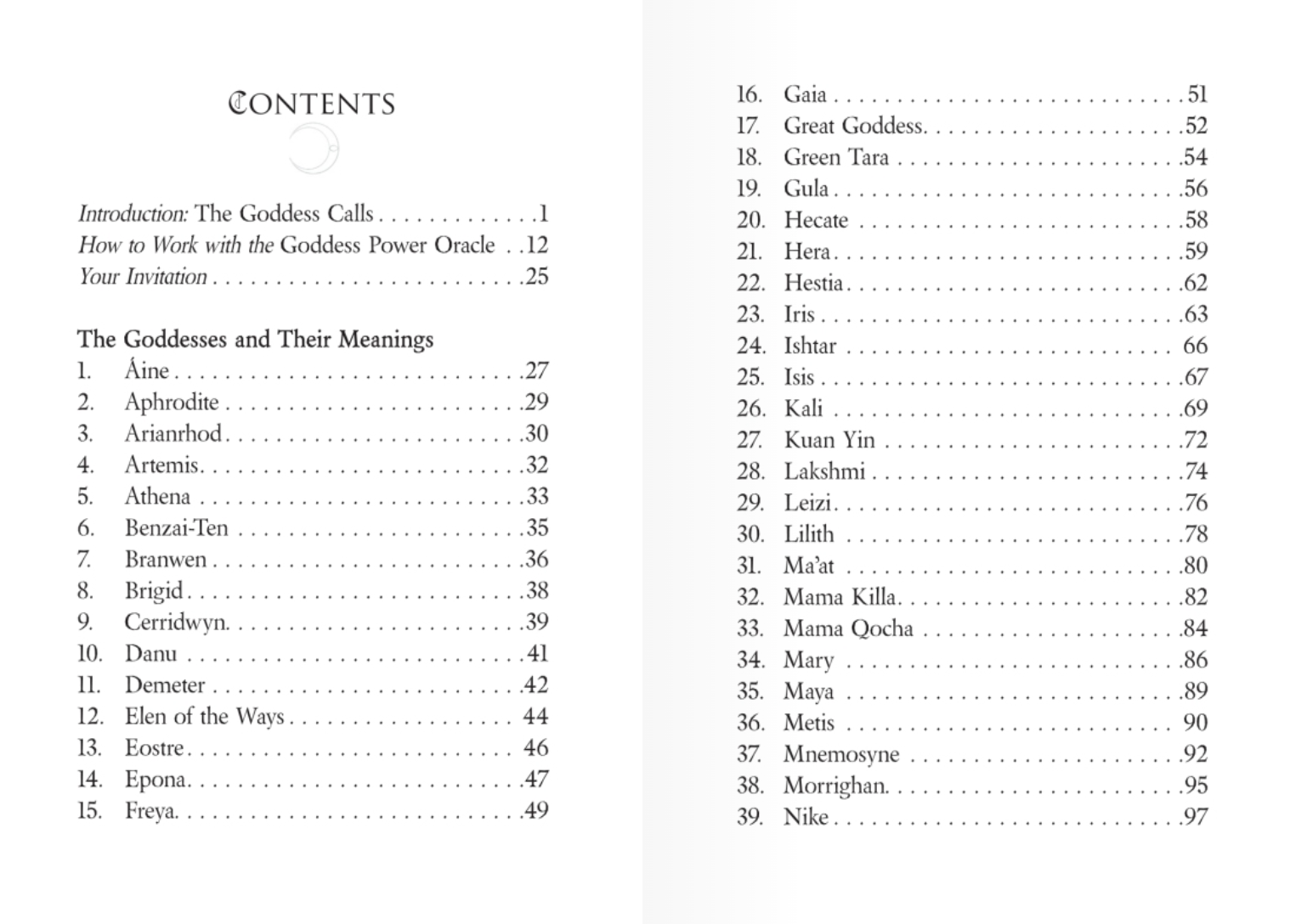 Table of Contents of the cards in the deck listing all of the 55 goddesses included.