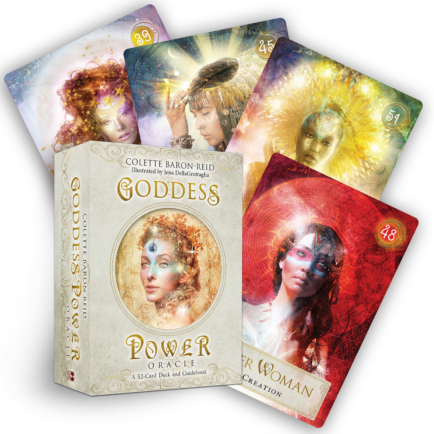 Box of the Goddess Power Oracle Deck by Colette Baron Reid. Box is tan with a woman shown surrounded by gold and stars in the center. Other cards from the deck surround it.