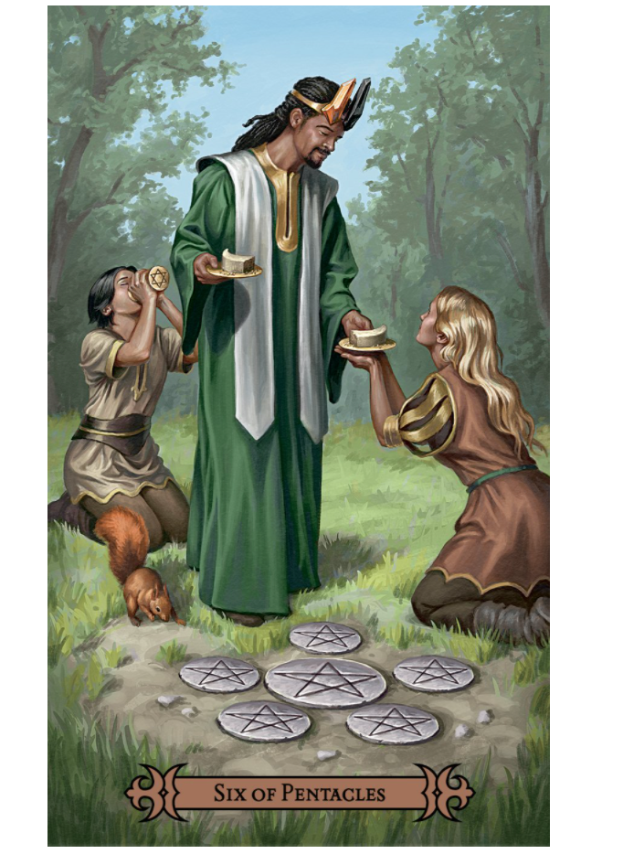 The Six of Pentacles card from the Modern Spellcasters Tarot shows a man in a green robe with two people kneeling beside him. One is drinking from a goblet, the other is making an offering. 