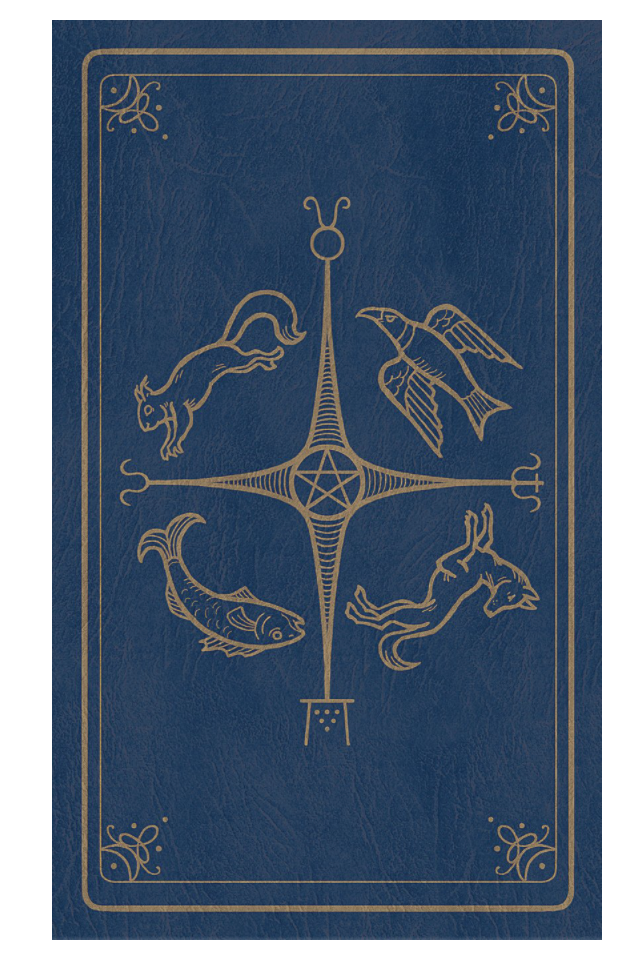 The back of the Modern Spellcasters Tarot deck. Back or cards is blue with four animals around a pentagram representing each element- a squirrel, fish, bird and fox.