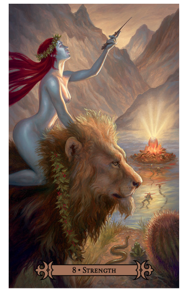 The Strength Card from the Modern Spellcasters Tarot shows a woman with a blue tint and long red hair atop a lion with a wreath around its neck. There are mountains and a bonfire in the background.