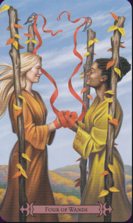 The Four of Wands card from the Modern Spellcasters Tarot shows two women , each with two wands behind them, their hands tied together with red ribbon. They are smiling lovingly at each other.
