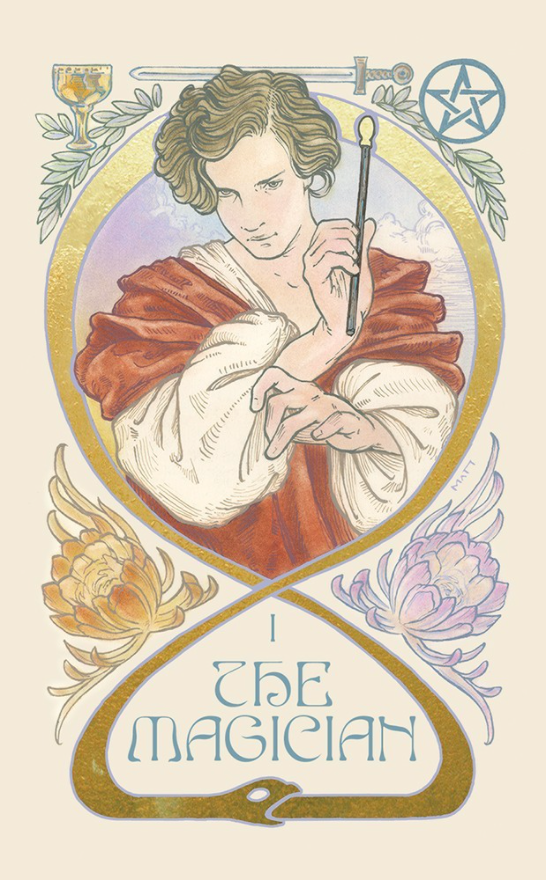 The Magician card in the Ethereal Visions deck shows a young man dressed in red holding a wand. A chalice, sword and pentacle are above him. 