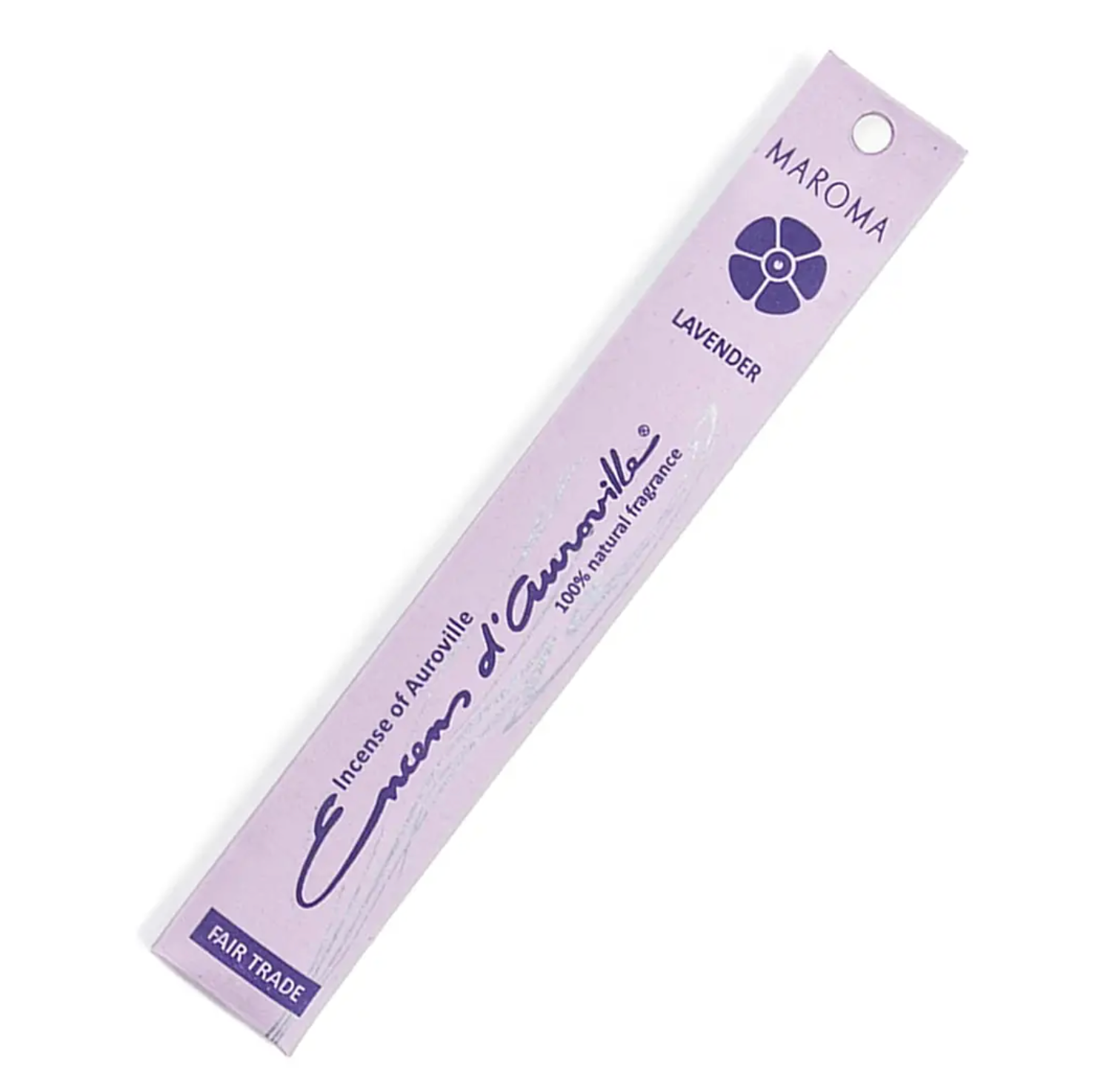 Incense packet in lavender with purple text of Maroma flower. Fair Trade all natural incense. 