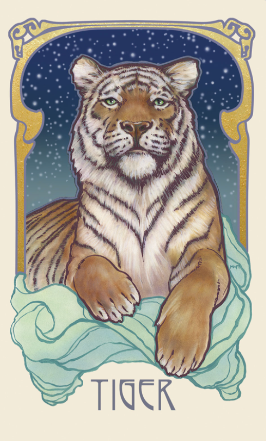 The Tiger Card of the Dreamscape Oracle Deck shows a regal tiger with a starry night sky behind it. 