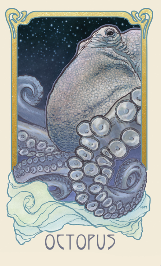 The Octopus card of the Dreamscape Oracle Deck shows an octopus with its tentacles outreached with a starry night sky behind it.