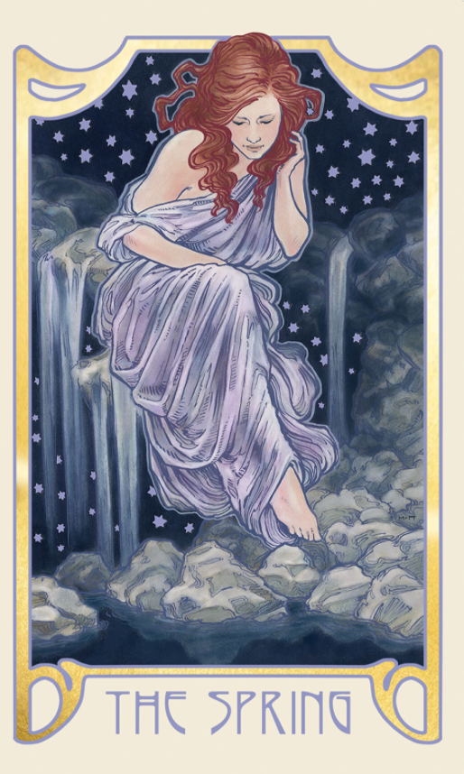 The Spring Card of the Dreamscape Oracle Deck shows a woman with white hair in a draped purple dress. She is in the clouds with waterfalls and a starry night sky behind her.