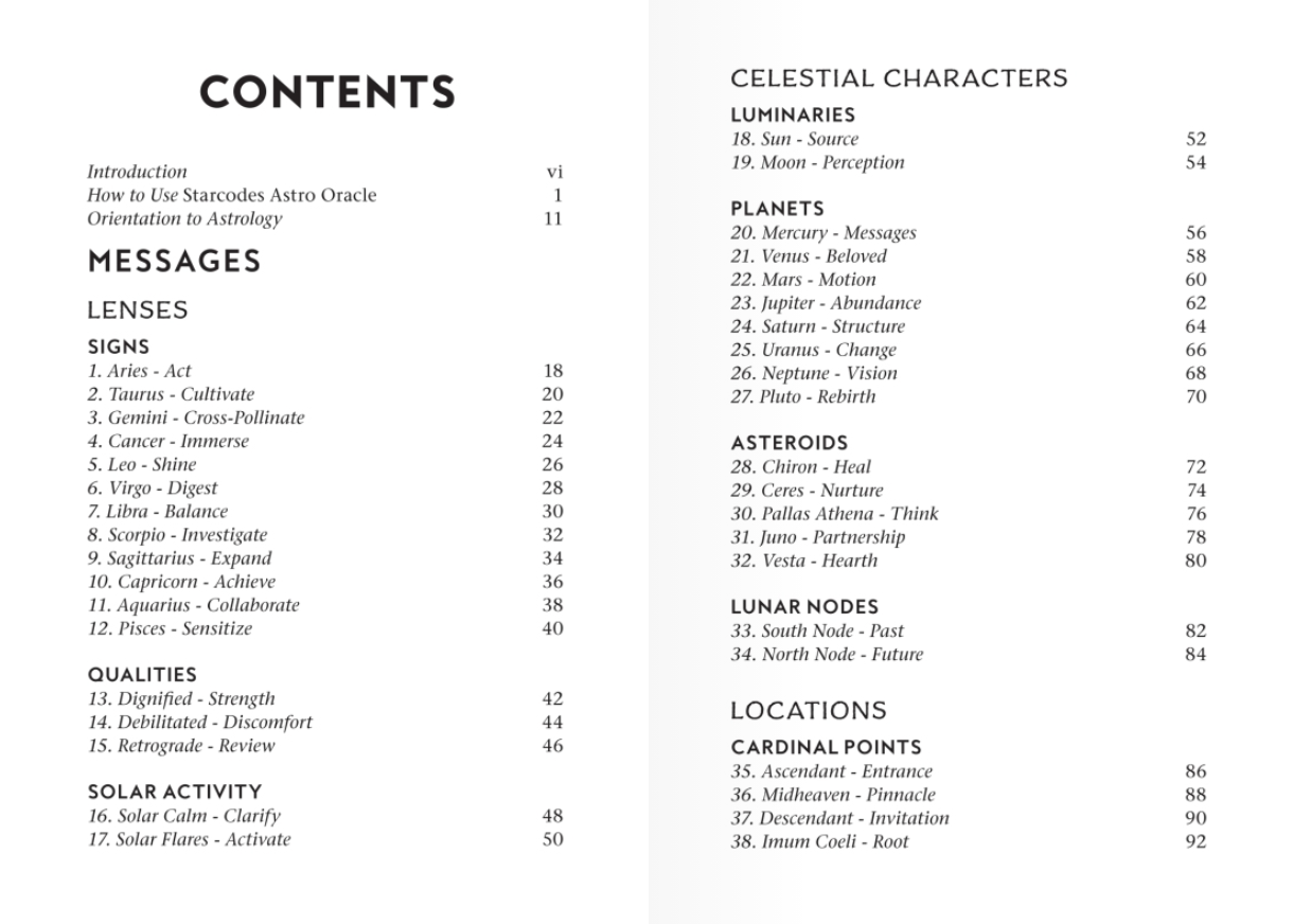 Table of contents of starcodes astro deck