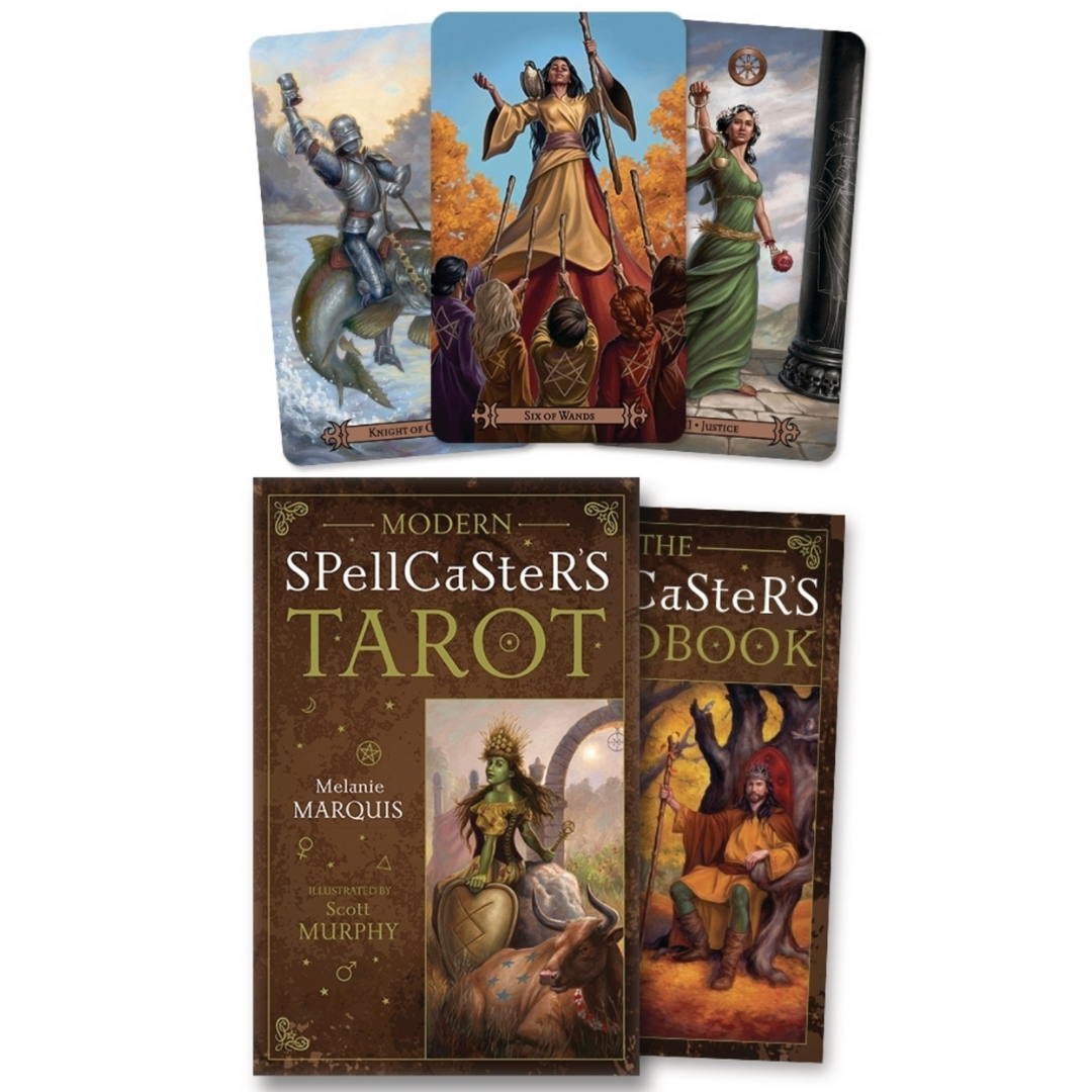 Deck cover and guidebook to Modern Spellcasters Tarot. Deck is brown with image of green woman with a shield. There are three tarot cards from the deck above it.