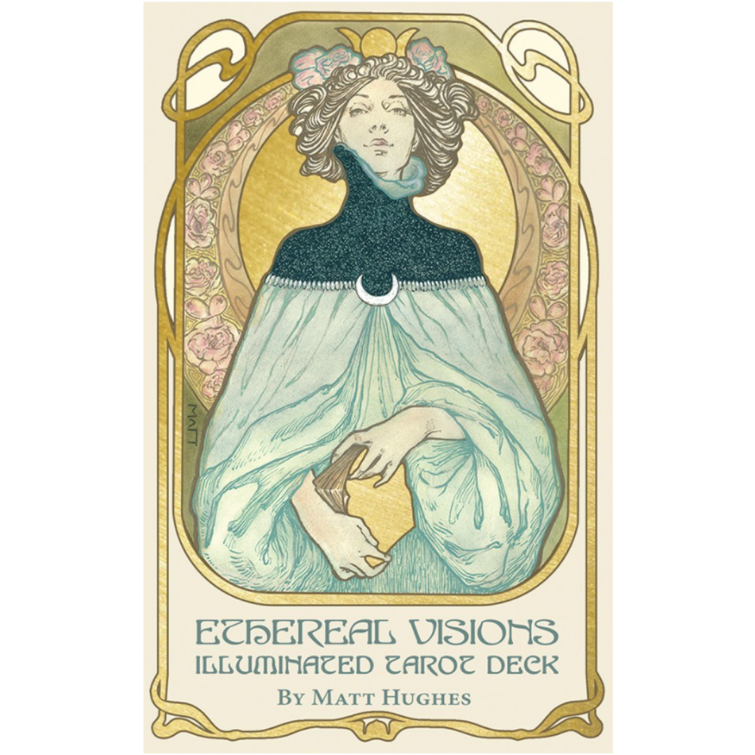 Ethereal Visions Tarot deck box. A woman dressed in blue holds a tattered book. 